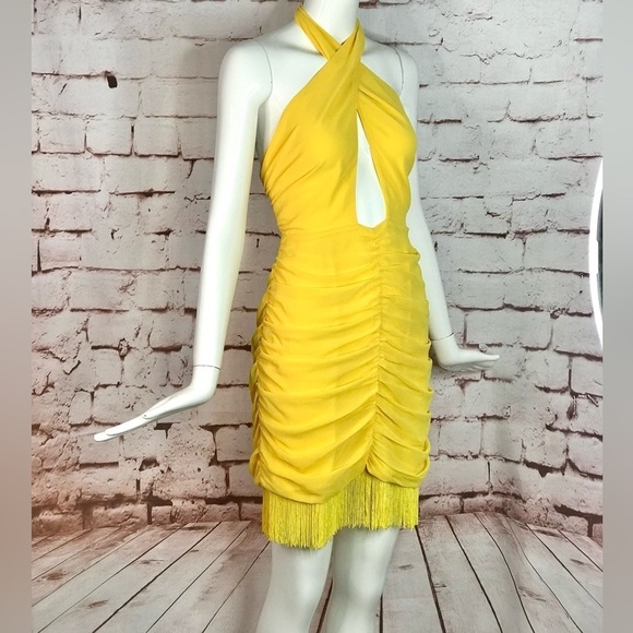 Forever 21 BELEARIC BEACH L Halter Ruched Fringe Trim Yellow Minidress Large - Picture 2 of 14